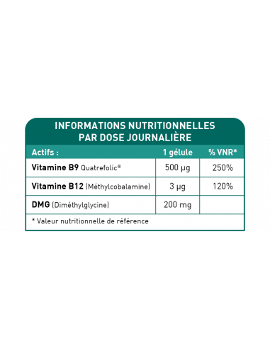 Bionops Methylnat - Vitamine B9 + DMG - Tableau des ingrédients
