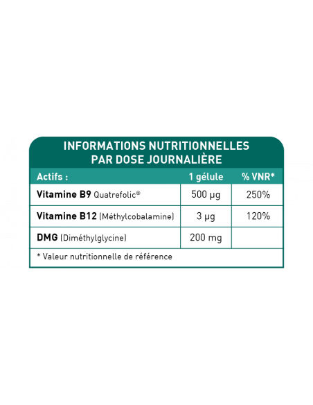Bionops Methylnat - Vitamine B9 + DMG - Tableau des ingrédients Bionops Methylnat - Vitamine B9 + DMG - Tableau des ingrédients